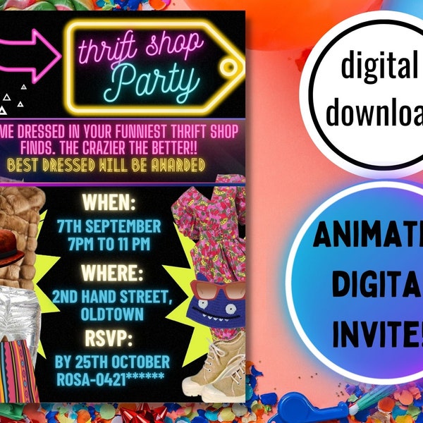 ANIMATED Thrift Shop Party invitation, Second hand party,dress up party invitation fun party invite, animated party invite editable template