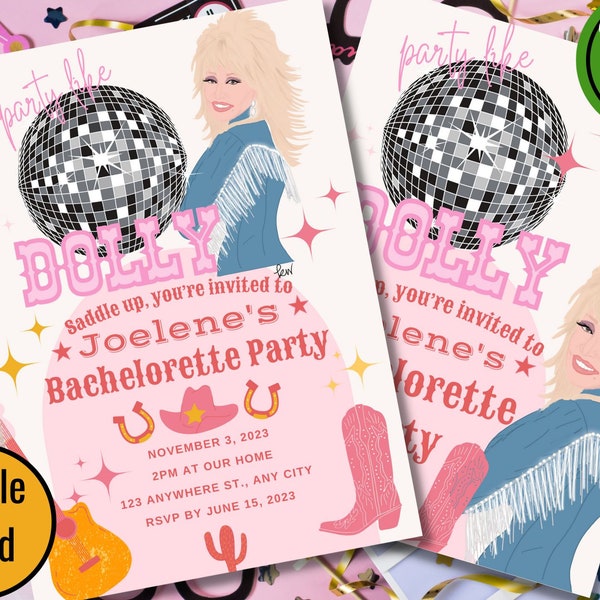 Party Like Dolly Parton Party Invitation Template in Canva Hens party invite, Printable Download double-sided, Digital