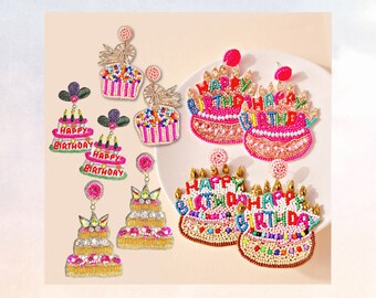 Gift Boxed Bestseller Happy Birthday Cake Cupcake Gift Bead Crystal Earrings Statement Jewelry