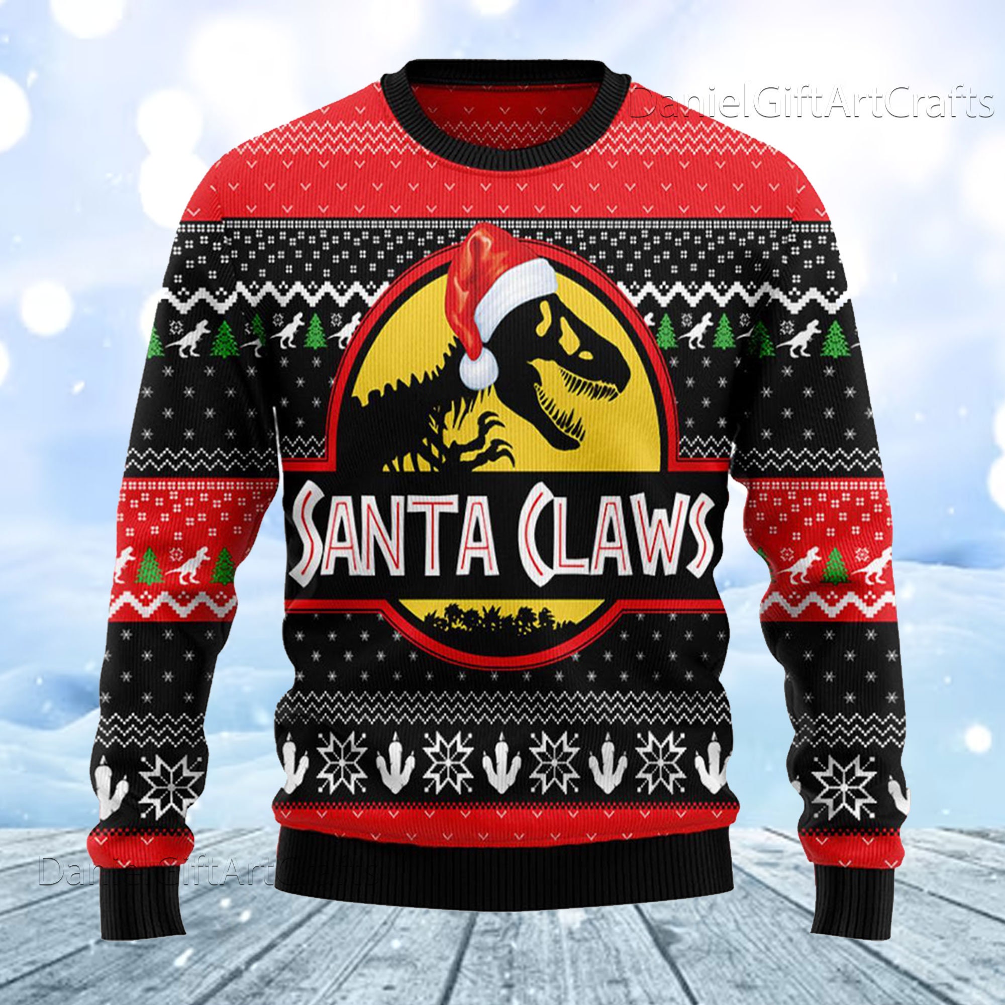 Discover Jurassic Park T-Rex Santa Claws Sweater, Santa Trex Ugly Christmas Sweater, Santa Monster Quotes 3D All Over Printed Sweater, Xmas Gift