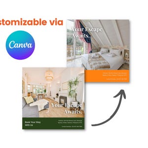 Może przedstawiać: Grafika promocyjna z tekstem "Możliwość dostosowania przez Canva" i dwoma zdjęciami aranżacji wnętrz. Jedno zdjęcie przedstawia sypialnię, drugie salon. Tekst "Your Escape Awaits" jest nałożony na oba obrazy. Obecna jest r&oacute;wnież fraza "Book Your Stay With Us".