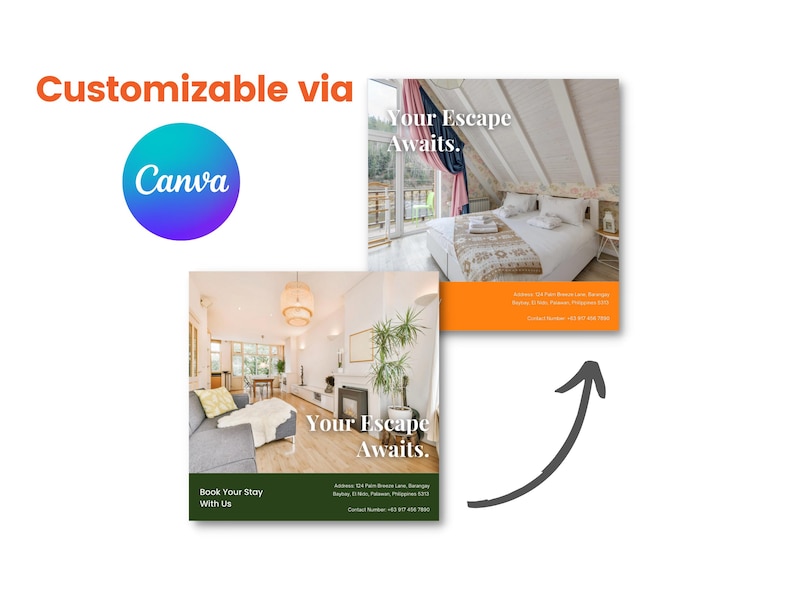 Może przedstawiać: Grafika promocyjna z tekstem "Możliwość dostosowania przez Canva" i dwoma zdjęciami aranżacji wnętrz. Jedno zdjęcie przedstawia sypialnię, drugie salon. Tekst "Your Escape Awaits" jest nałożony na oba obrazy. Obecna jest r&oacute;wnież fraza "Book Your Stay With Us".