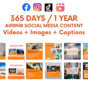 Może przedstawiać: Obraz z ikonami medi&oacute;w społecznościowych dla Facebooka, Instagrama, TikToka i YouTube. Tekst brzmi: "365 DNI / 1 ROK TREŚCI W MEDIACH SPOŁECZNOŚCIOWYCH AIRBNB Filmy + Obrazy + Napisy". Istnieje kilka pomarańczowych i białych post&oacute;w w mediach społecznościowych o tematyce podr&oacute;żniczej.