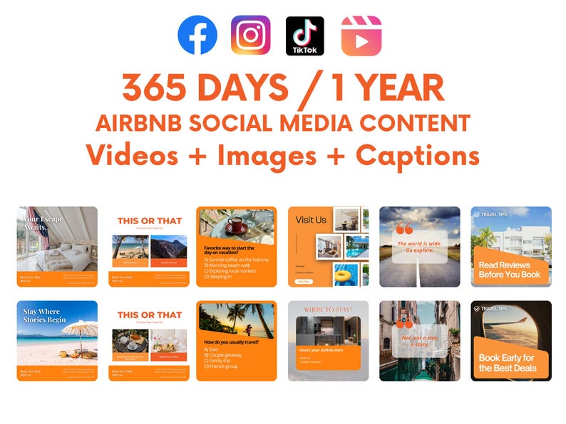 Może przedstawiać: Obraz z ikonami medi&oacute;w społecznościowych dla Facebooka, Instagrama, TikToka i YouTube. Tekst brzmi: "365 DNI / 1 ROK TREŚCI W MEDIACH SPOŁECZNOŚCIOWYCH AIRBNB Filmy + Obrazy + Napisy". Istnieje kilka pomarańczowych i białych post&oacute;w w mediach społecznościowych o tematyce podr&oacute;żniczej.