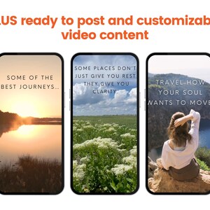 Może przedstawiać: Trzy smartfony wyświetlające obrazy o tematyce podr&oacute;żniczej. Pierwszy pokazuje wsch&oacute;d słońca nad jeziorem z tekstem: "SOME OF THE BEST JOURNEYS...". Drugi pokazuje pole z tekstem: "SOME PLACES DON'T JUST GIVE YOU REST THEY GIVE YOU CLARITY". Trzeci pokazuje kobietę z tekstem: "TRAVEL HOW YOUR SOUL WANTS TO MOVE".