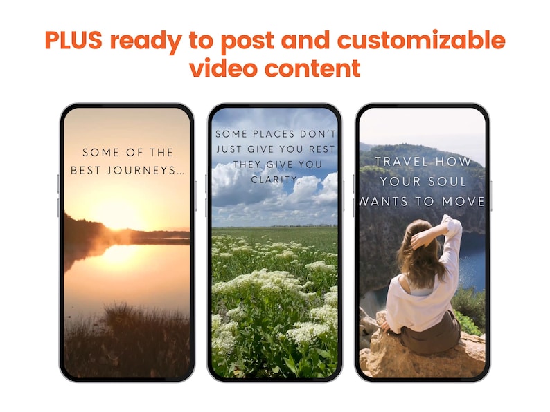 Może przedstawiać: Trzy smartfony wyświetlające obrazy o tematyce podr&oacute;żniczej. Pierwszy pokazuje wsch&oacute;d słońca nad jeziorem z tekstem: "SOME OF THE BEST JOURNEYS...". Drugi pokazuje pole z tekstem: "SOME PLACES DON'T JUST GIVE YOU REST THEY GIVE YOU CLARITY". Trzeci pokazuje kobietę z tekstem: "TRAVEL HOW YOUR SOUL WANTS TO MOVE".