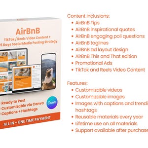 Może przedstawiać: Biało-pomarańczowe pudełko z napisem "AirBnB" i "TikTok/Reels Video Content + 365 Days Social Media Posting Strategy". Pudełko zawiera tablet i telefon z zawartością. Zawiera konfigurowalne filmy i obrazy.