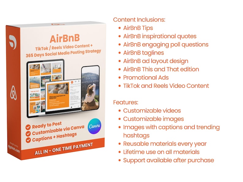 Może przedstawiać: Biało-pomarańczowe pudełko z napisem "AirBnB" i "TikTok/Reels Video Content + 365 Days Social Media Posting Strategy". Pudełko zawiera tablet i telefon z zawartością. Zawiera konfigurowalne filmy i obrazy.