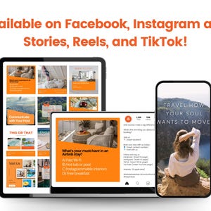 Może przedstawiać: Obraz marketingu cyfrowego z tabletem, laptopem i smartfonem wyświetlającymi treści z medi&oacute;w społecznościowych. Tekst "Dostępne na Facebooku, Instagramie i Stories, Reels i TikTok!" znajduje się u g&oacute;ry. Urządzenia pokazują wskaz&oacute;wki dotyczące pobytu w Airbnb i inspiracje podr&oacute;żnicze.