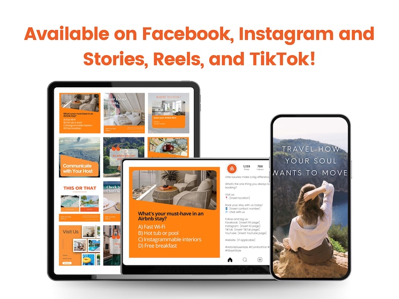 Może przedstawiać: Obraz marketingu cyfrowego z tabletem, laptopem i smartfonem wyświetlającymi treści z medi&oacute;w społecznościowych. Tekst "Dostępne na Facebooku, Instagramie i Stories, Reels i TikTok!" znajduje się u g&oacute;ry. Urządzenia pokazują wskaz&oacute;wki dotyczące pobytu w Airbnb i inspiracje podr&oacute;żnicze.