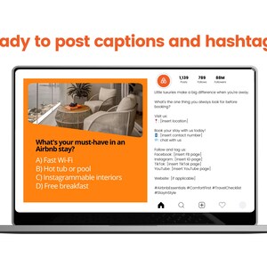 Może przedstawiać: Ekran laptopa wyświetla post Airbnb z tekstem "Gotowe do publikowania podpis&oacute;w i hashtag&oacute;w!" Pomarańczowe pole zawiera listę "Co jest niezbędne podczas pobytu w Airbnb?" z opcjami Wi-Fi, jacuzzi, wnętrzami na Instagramie i darmowym śniadaniem.