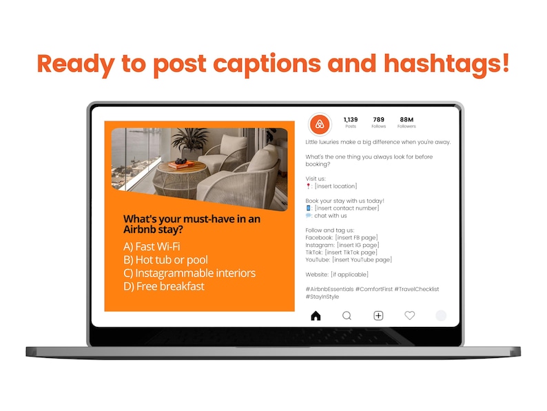 Może przedstawiać: Ekran laptopa wyświetla post Airbnb z tekstem "Gotowe do publikowania podpis&oacute;w i hashtag&oacute;w!" Pomarańczowe pole zawiera listę "Co jest niezbędne podczas pobytu w Airbnb?" z opcjami Wi-Fi, jacuzzi, wnętrzami na Instagramie i darmowym śniadaniem.
