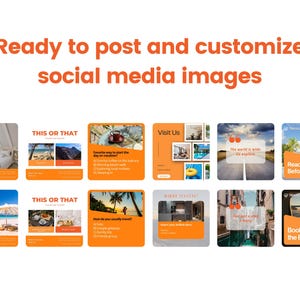 Może przedstawiać: Zestaw szablon&oacute;w obraz&oacute;w do medi&oacute;w społecznościowych w kolorach pomarańczowym i białym. Szablony zawierają grafikę o tematyce podr&oacute;żniczej z tekstem, takim jak "Ready to post and customize social media images", "This or That" i "Visit Us".