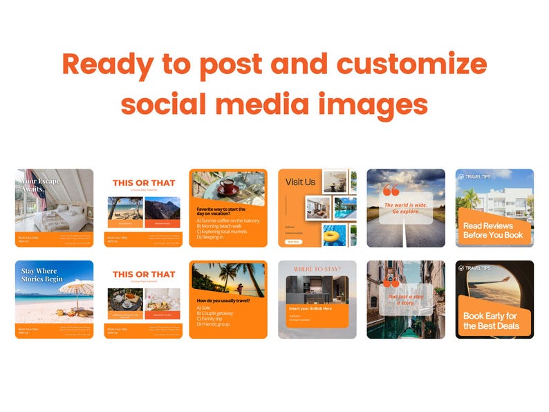 Może przedstawiać: Zestaw szablon&oacute;w obraz&oacute;w do medi&oacute;w społecznościowych w kolorach pomarańczowym i białym. Szablony zawierają grafikę o tematyce podr&oacute;żniczej z tekstem, takim jak "Ready to post and customize social media images", "This or That" i "Visit Us".