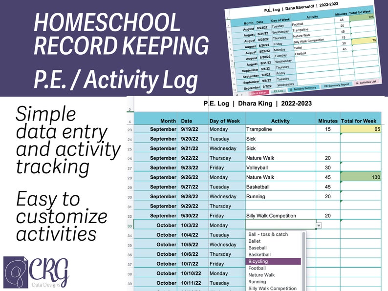 PE Log: Simple data entry and activity tracking, easy to customize activities.