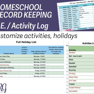 PE Log: Customize activities and holidays