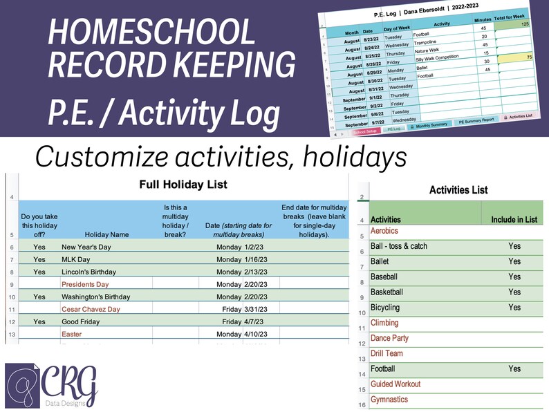 PE Log: Customize activities and holidays