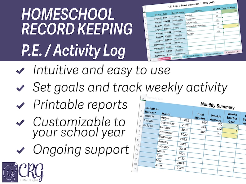 PE Log: Easy to use, set goals and track activity, printable reports, customizable, ongoing support
