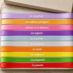 Op de afbeelding: Een stapel kleurrijke linten, elk bedrukt met een ander Frans woord. De linten zijn in tinten paars, oranje, roze, blauw, wit, oranje, geel, groen en rood. De woorden zijn onder meer "compliciteit", "gedeelde waarden" en "passie".