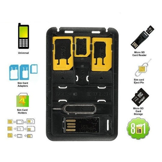 Small SIM Card Holder Case with 3 sim card adapters & Iphone Pin