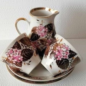 Espresso Cup with Saucer and Dessert Plate / Hydrangea Flowers Cake Plate and Coffee Mug / Vintage from Riga Porcelain Factory