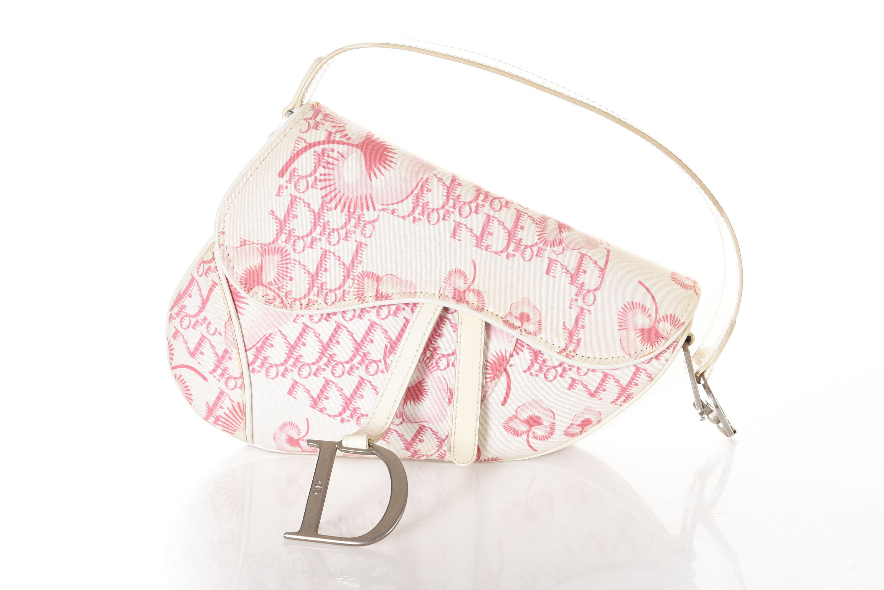 Dior Pink White Canvas Flower Saddle Bag 