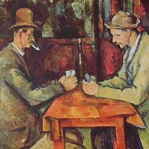 Jugadores de cartas en el estilo de Paul Cezanne, pintura impresionista, acabado mate, estirado, 0,75 pulgadas, listo para colgar