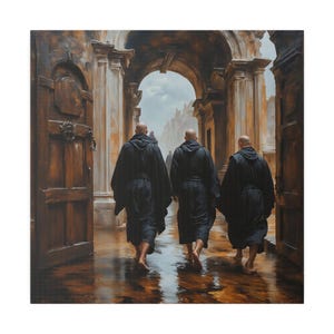 Monks Walking in Ancient Archway Art Print | Spiritual Journey in Monastery | Peaceful Monk Portrait | Religious Wall Art | Instant Download