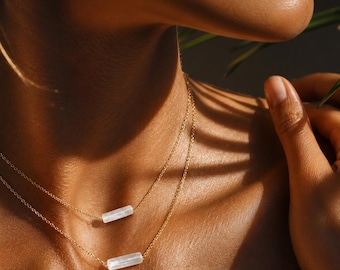 14K Gold Plated Selenite Crystal Necklace: Minimalist Gemstone Jewelry