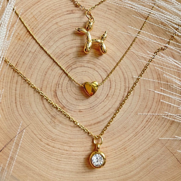 Dainty Tiny Heart, Balloon Dog Necklace,  14K Gold Plated Necklace  | Anti Tarnish| Waterproof