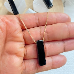 Obsidian Pendant Necklace , Black Bar Obsidian Stone Spiritual Protection Necklace, Natural Obsidian Rectangle Stone Pendant