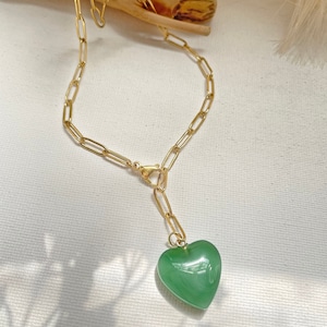 Emerald Jade Necklace, Lucky Natural Green Jade Pendant, 14K Gold Plated Chain Necklace, Mothers Day Gift