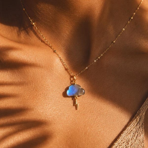 Labradorite Cloud Necklace, Gemstone Gold Lightning Charm, Blue Flash Crystal Pendant, Celestial Jewelry Gift for her.