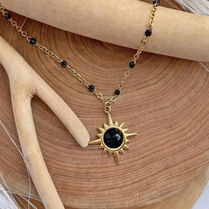 Onyx Beaded  Necklace, Black Stone Gold Star Necklace