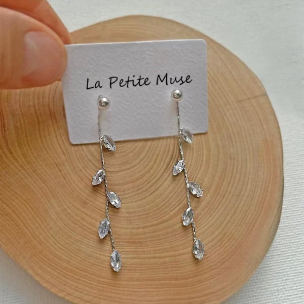 Leaf Diamond CZ Dangle Drop Earring, Bridal , Glam Diamond CZ | Diamond CZ Silver Tassel Drop Earrings| Bridal Wedding Earrings