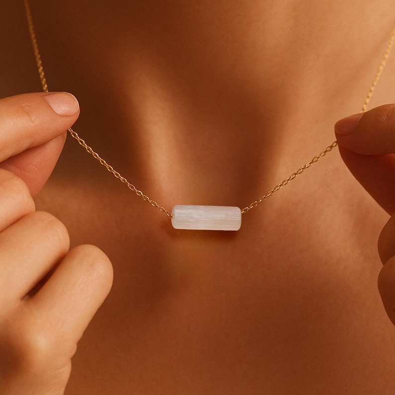 Selenite Minimalist Crystal Necklace 14K Gold Plated, Gemstone Jewelry for Her, Selenite Dainty Necklace , Crystal Necklaces image 7