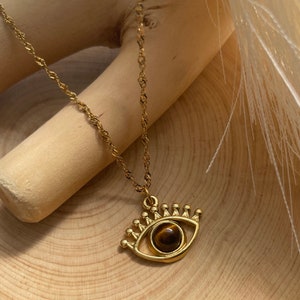 Tigers Eye Crystal Evil Eye Stone Layering Necklace, Tigers Eye Pendant, Birthday Gift, Necklace for Women, Gemstone Necklace