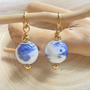 Ceramic Blue White Gold Hoop Earrings, Hand Painted Bead Gold Hoops, Watercolor Vacation Hoop Earrings| 14K Gold Filled Earrings| Waterproof