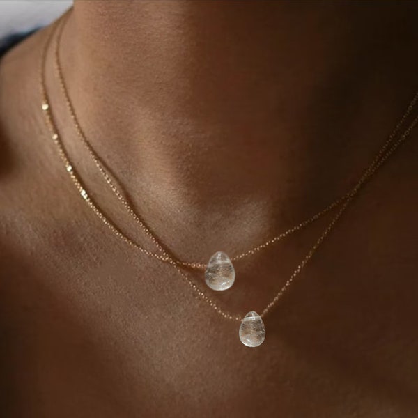 Clear Crystal Quartz Gold Necklace, Clear Gemstone Crystal Necklace, Gold Crystal Necklace, April Birthstone Necklace