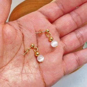 Selenite Bead and Gold Dangle Earrings,  Crystal Dangle Bead Earrings, Birthstone Huggies, Tiny Dainty Small Selenite, Selenite Gift