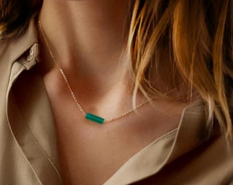 Dainty Green Jade Bar Necklace, 14K Gold Plated, Minimalist Style