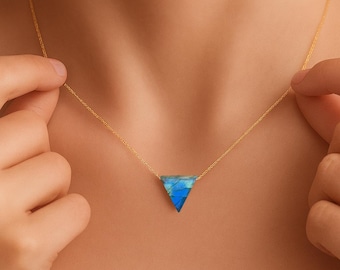 Labradorite Crystal Triangle Pendant Necklace, Gold Plated