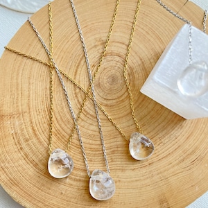 Clear Crystal Quartz Gold Necklace, Clear Gemstone Crystal Necklace, Gold Crystal Necklace, April Birthstone Necklace