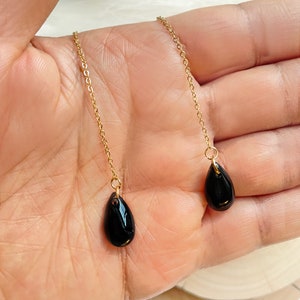 Black Tear Drop Dainty Threader Earrings ,Minimalist Thread thru Earrings, Dangle earrings, Black Earrings