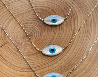 Evil Eye Necklace Mother of Pearl , Minimalist Evil Eye Necklace, Gift For Her, Mother of Pearl Shell Minimalist Necklace, Birthday Gift