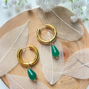 Jade Drop Gold Huggie Earrings, Green Jade Earring, Good Luck Stone, Birthstone Earrings, Jadeite Green Gemstone