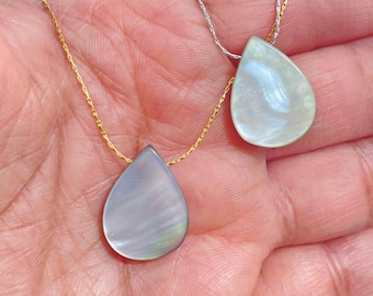 Gold Mother of Pearl Teardrop Pendant Necklace, Boho Chic