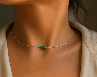 Dainty Tiny Jade Minimalist Pendant Necklace, Layering Necklace ,Cylinder Gold Necklace, Jade Jewelry  Necklace Gift for Women