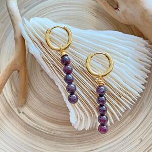 Garnet Gold Hoop Earrings|  Garnet Beaded Small Gold Hoop Earrings| Boho | Gift for her