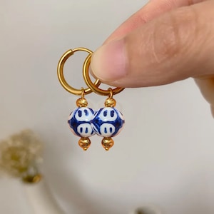 Gold Hoop Earrings Blue & White| Hand Painted Flower Ceramic Hoop Earrings| Chinoiseries Inspired Gold Hoops | Gold Hand Painted Earrings